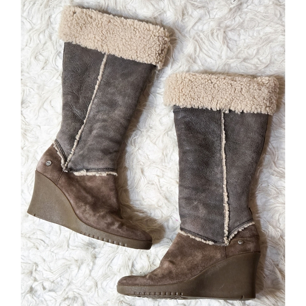 Ugg Sandra Wedge Boots Brown Suede Leather Shearling Knee High Y2K Zipper